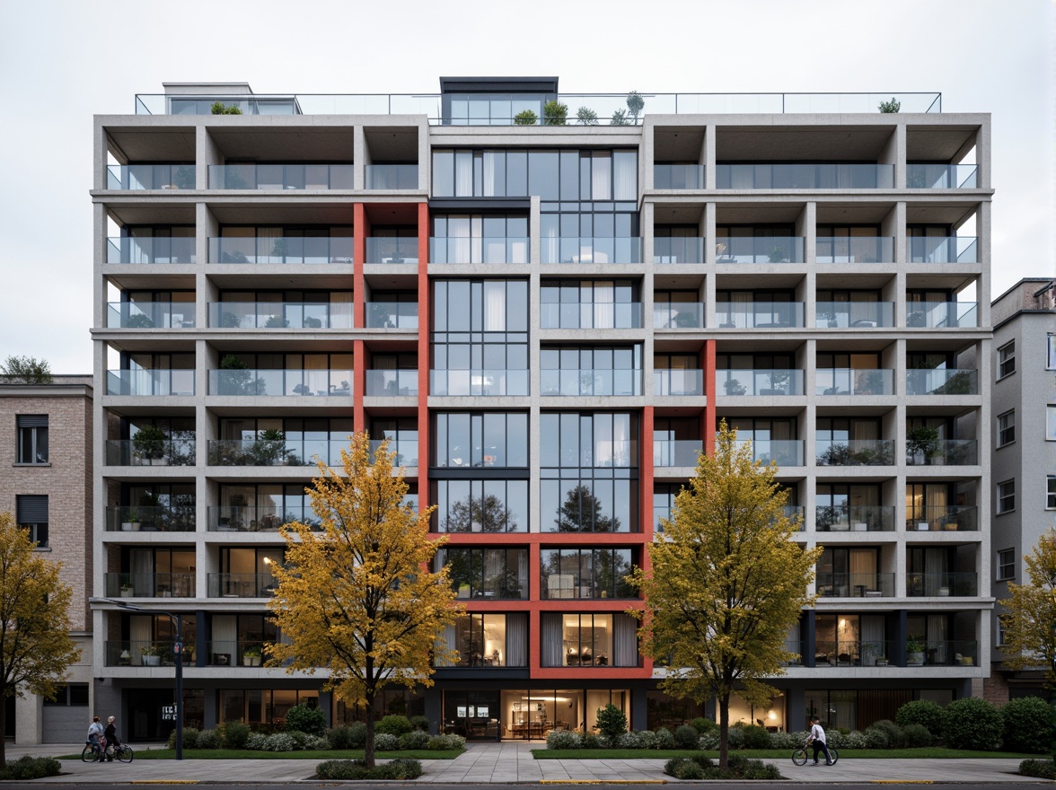 Prompt: Modernist building facade, asymmetrical composition, rectangular forms, industrial materials, steel frames, glass bricks, cantilevered balconies, minimalist ornamentation, functional simplicity, bold color schemes, primary colors, geometric patterns, grid-based layout, clean lines, minimal decoration, functional aesthetics, urban context, cityscape background, overcast sky, soft diffused lighting, 1/2 composition, realistic textures, subtle shading.