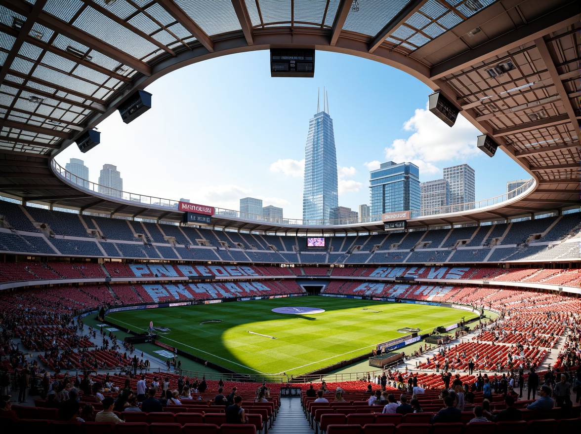 Prompt: Vibrant sports stadium, bold color contrast, dynamic seating arrangement, sleek metallic framework, transparent glass fa\u00e7ade, electric LED lighting, urban cityscape background, bustling crowd atmosphere, warm sunny day, dramatic shading effects, 1/2 composition, high-angle shot, realistic textures, ambient occlusion.