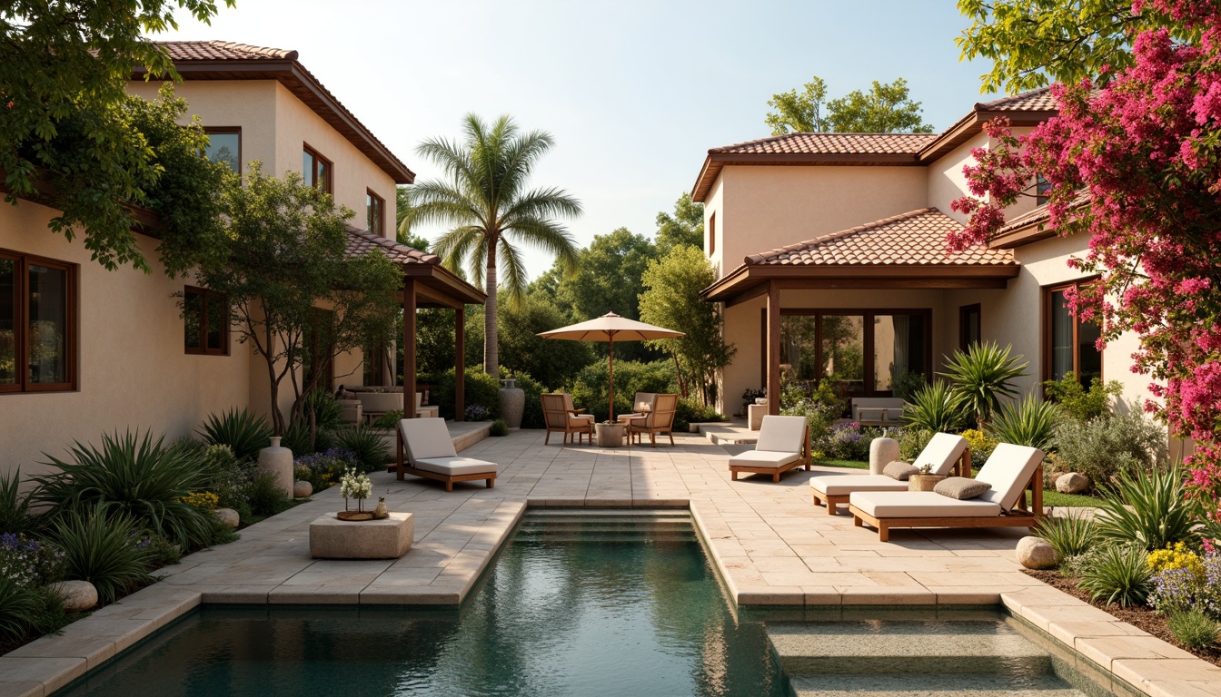 Prompt: Warm Mediterranean villa, earthy tones, soft beige walls, warm terracotta roofs, lush greenery, vibrant bougainvillea, tranquil water features, natural stone pathways, wooden accents, rustic furniture, cozy outdoor seating, soft warm lighting, shallow depth of field, 3/4 composition, panoramic view, realistic textures, ambient occlusion.