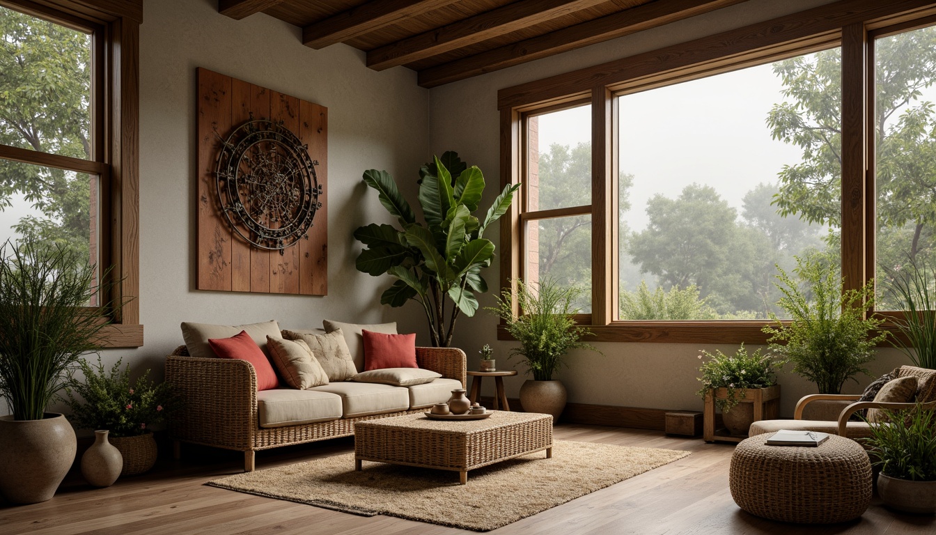 Prompt: Earthy olive tones, muted greenery, warm beige accents, soft terracotta hues, rustic wooden textures, natural stone walls, woven wicker furniture, vintage metal decorations, distressed leather upholstery, earthy ceramics, moss-covered planters, foggy morning light, shallow depth of field, 1/2 composition, realistic rendering, atmospheric perspective.