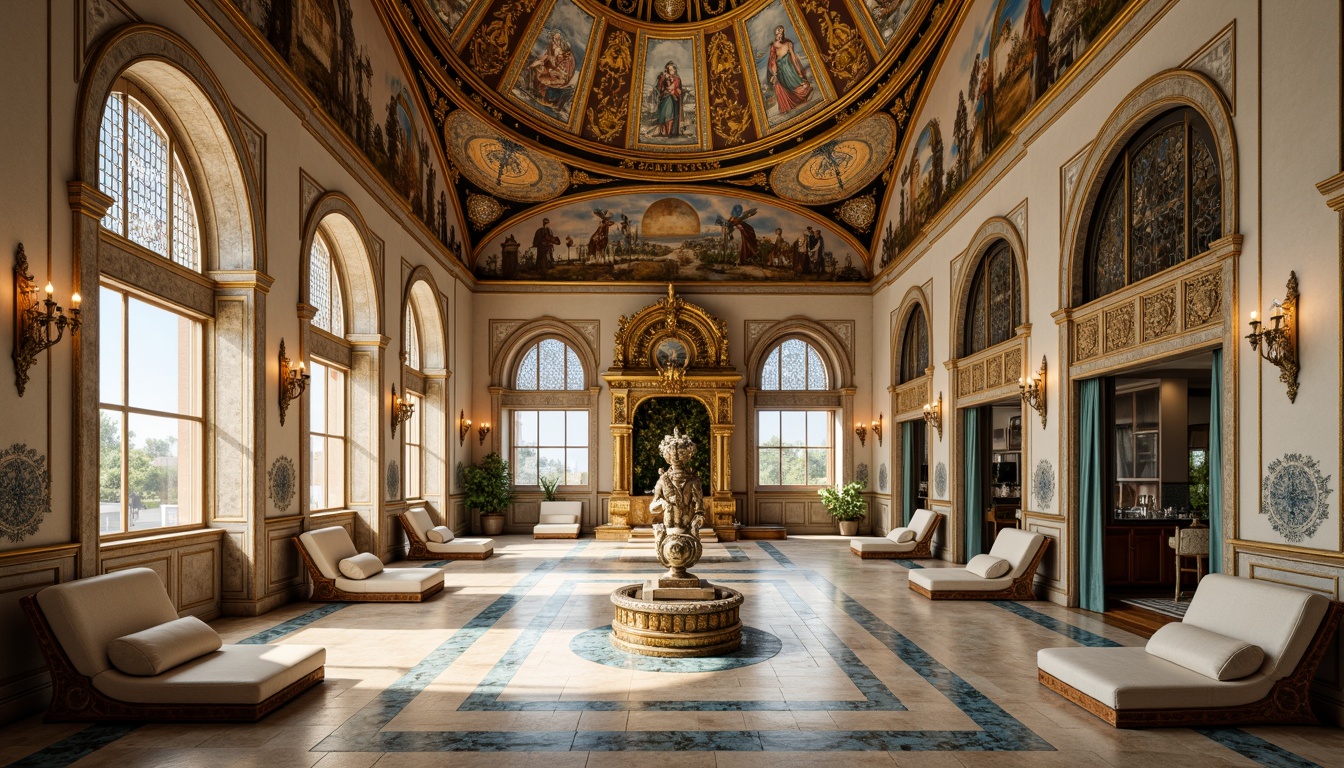 Prompt: Byzantine-inspired palace, ornate golden domes, azure and cream-colored marble, intricate mosaics, lavish furnishings, regal thrones, stained glass windows, ornamental archways, gilded accents, rich velvet drapes, majestic grandeur, warm soft lighting, shallow depth of field, 1/1 composition, realistic textures, ambient occlusion.