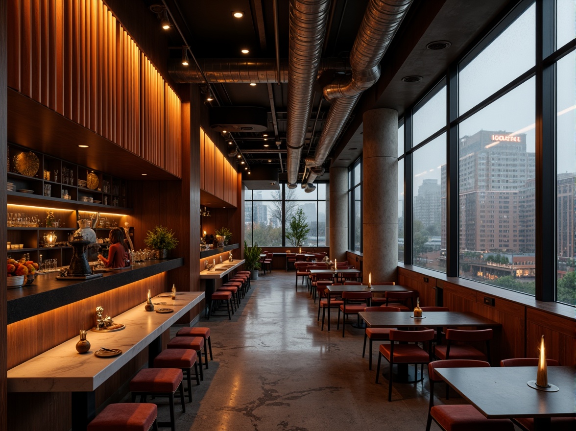 Prompt: Rich wood tones, luxurious velvet fabrics, metallic accents, deep jewel-toned walls, warm golden lighting, sleek marble countertops, minimalist decor, industrial-chic exposed ductwork, urban cityscape views, rainy evening ambiance, soft misty atmosphere, cinematic shallow focus, 1/2 composition, dramatic high contrast, realistic reflections.