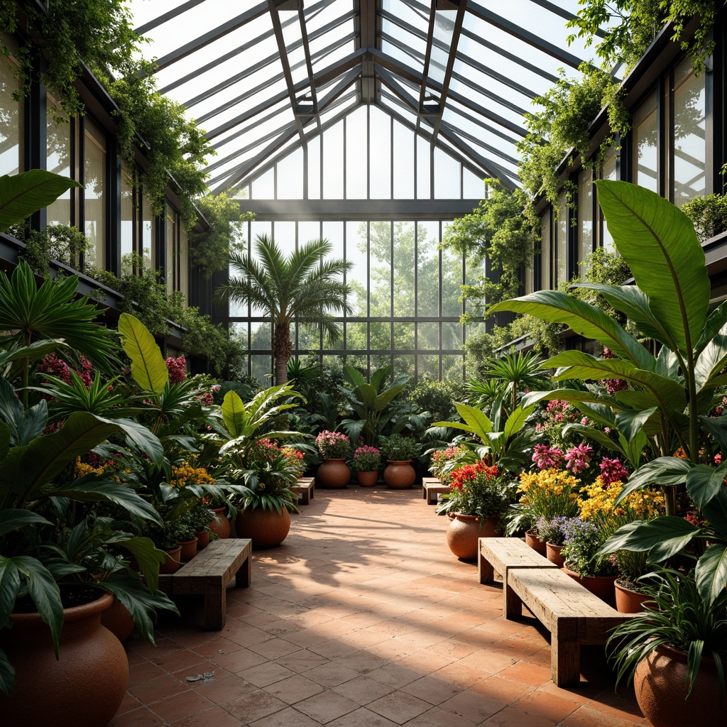 Prompt: Lush greenhouse interior, vibrant tropical plants, bright floral arrangements, warm natural light, misty atmosphere, exotic foliage, colorful ceramic pots, rustic wooden benches, earthy terracotta flooring, modern glass roof, sleek metal frames, soft diffused lighting, shallow depth of field, 1/2 composition, realistic textures, ambient occlusion.