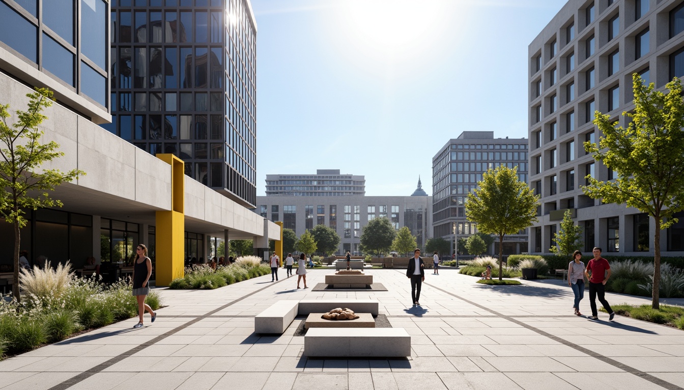 Prompt: Minimalist open plaza, clean lines, industrial materials, functional furniture, bold typography, primary color accents, geometric shapes, brutalist architecture, urban cityscape, sunny day, high contrast lighting, shallow depth of field, 1/1 composition, symmetrical framing, abstract textures, ambient occlusion, modern street lamps, pedestrian pathways, public art installations, dynamic water features.