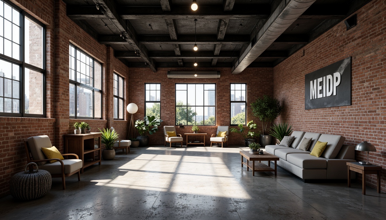 Prompt: Urban cityscape, industrial heritage, exposed brick walls, metal beams, concrete floors, reclaimed wood accents, functional minimalism, geometric shapes, primary color palette, bold typography, industrial lighting fixtures, steel windows, mechanical machinery, distressed textures, urban grittiness, high-contrast monochrome tones, dramatic shadows, 1/2 composition, symmetrical framing, cinematic atmosphere, stylized reflections.