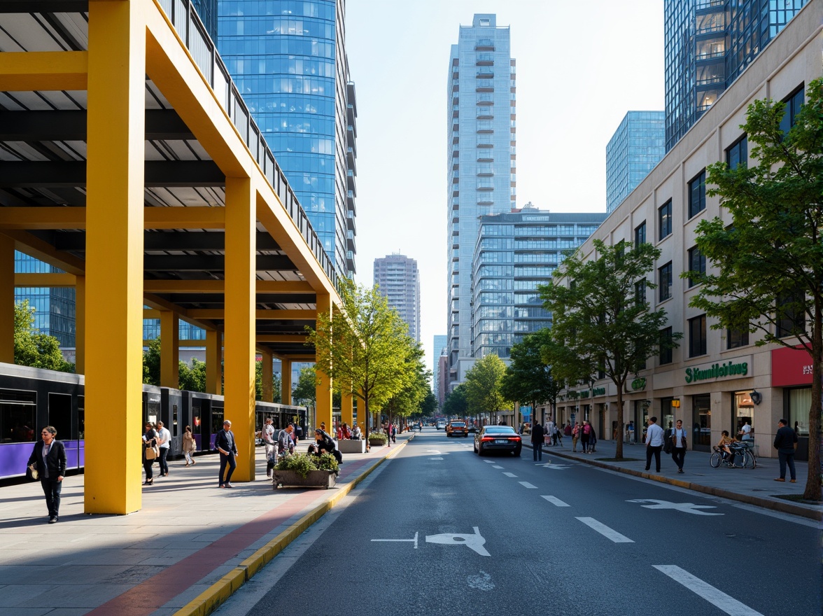 Prompt: Vibrant bus station, modern architecture, bold primary colors, bright yellow accents, deep blue tones, sleek metal structures, glass roofs, urban cityscape, busy streets, morning rush hour, natural light pouring in, shallow depth of field, 1/1 composition, realistic textures, ambient occlusion.Let me know if you need any adjustments!