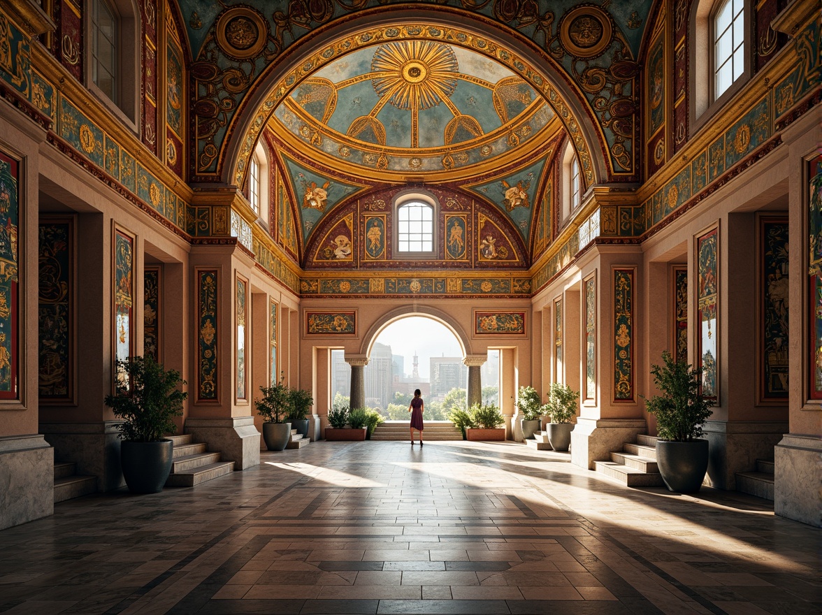 Prompt: Byzantine-style high school building, ornate mosaics, gold accents, vibrant colors, intricate patterns, geometric shapes, Christian symbols, rich textures, marble floors, grand entrance halls, sweeping arches, domed ceilings, natural light pouring, warm atmospheric lighting, shallow depth of field, 1/1 composition, realistic reflections, ambient occlusion.