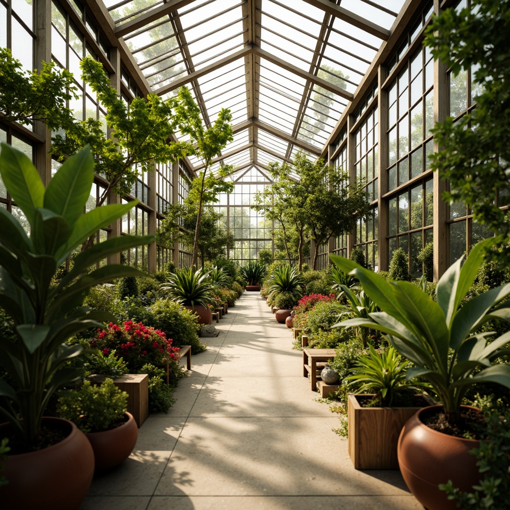 Prompt: Vibrant greenhouse interior, lush tropical plants, warm natural light, earthy terracotta pots, wooden planters, misting system, humid atmosphere, exotic flowers, butterfly-friendly environment, soft warm lighting, shallow depth of field, 1/1 composition, realistic textures, ambient occlusion, rich green walls, glass roof, steel frame structure, modern minimalist design.