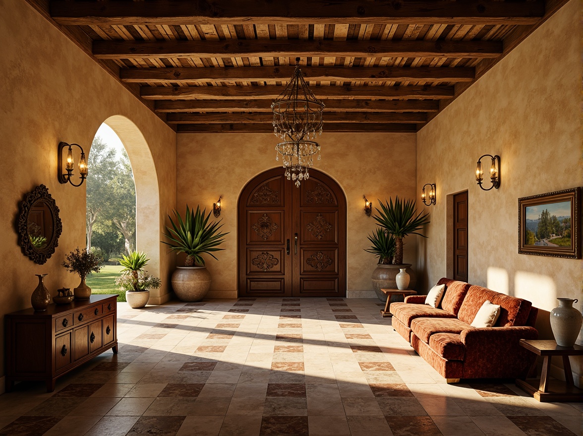 Prompt: Luxurious villa, Italian Renaissance style, warm beige stone walls, rustic terracotta roof tiles, ornate wooden doors, bronze hardware, lavish furnishings, rich velvet fabrics, intricate marble patterns, crystal chandeliers, soft golden lighting, atmospheric ambiance, subtle texture details, 1/2 composition, shallow depth of field, realistic reflections.