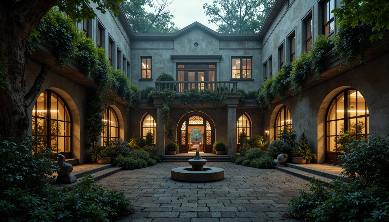 Prompt: Mysterious office courtyard, overgrown vegetation, twisted tree branches, weathered stone walls, moss-covered statues, intricate ironwork gates, dark mysterious ambiance, foggy atmosphere, warm soft lighting, shallow depth of field, 1/1 composition, symmetrical view, realistic textures, ambient occlusion, Gothic-inspired architecture, pointed arches, ribbed vaults, flying buttresses, stained glass windows, grand entrance halls, ornate wooden doors, mystical stone carvings.