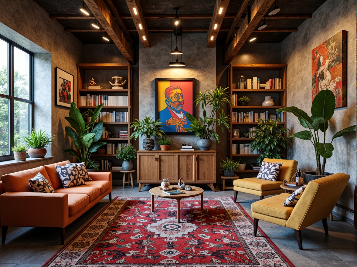 Prompt: Vibrant eclectic interior, mixed vintage furniture, bold colorful rugs, textured walls, industrial metal beams, reclaimed wood accents, lush greenery, unique art pieces, eclectic decorative objects, cozy reading nooks, built-in shelving units, natural stone flooring, warm ambient lighting, 1/1 composition, shallow depth of field, realistic textures, soft focus effect.