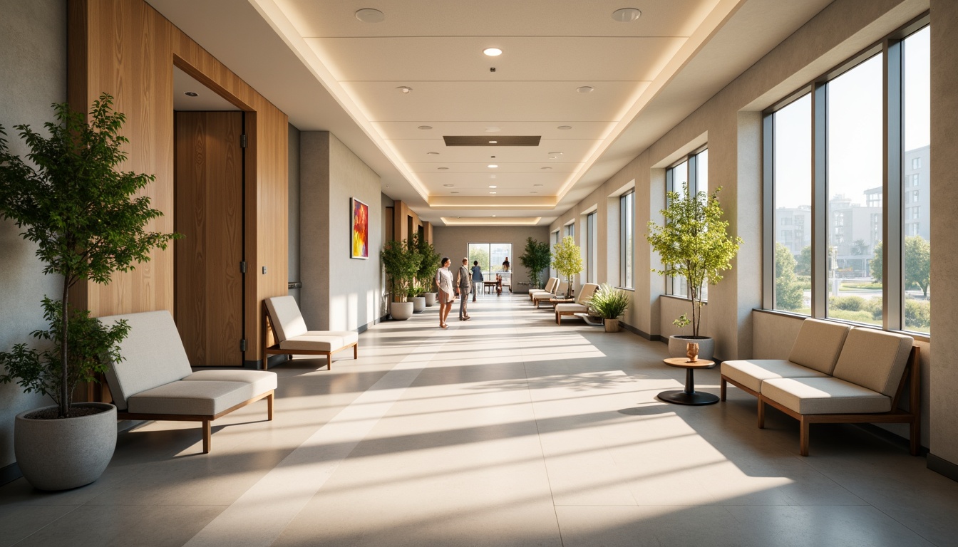 Prompt: Soothing hospital corridors, calming ambiance, warm gentle lighting, soft pastel colors, natural materials, minimalist decor, comfortable seating areas, peaceful waiting rooms, floor-to-ceiling windows, abundant natural light, subtle LED accents, ambient glow, 1/1 composition, shallow depth of field, realistic textures, warm color temperature, high CRI illumination, anti-glare fixtures, patient-centric lighting controls, Circadian rhythm-inspired scheduling.