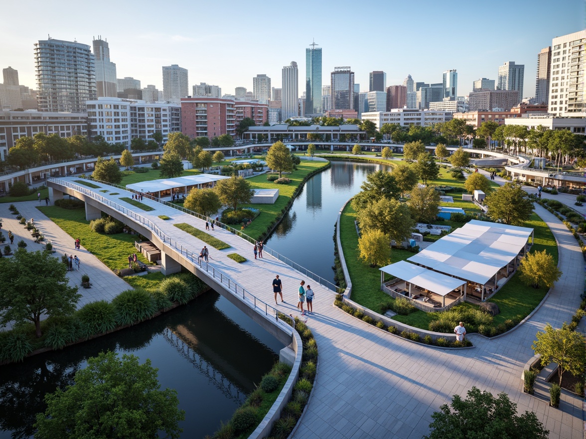 Prompt: Futuristic pedestrian bridge, sleek metallic structure, dynamic LED lighting, modern urban landscape, vibrant cityscape, bustling streets, towering skyscrapers, verdant green roofs, innovative water features, misting systems, shaded outdoor spaces, sustainable energy solutions, solar panels, wind turbines, eco-friendly materials, curved lines, minimalist design, ambient occlusion, shallow depth of field, 3/4 composition, panoramic view, realistic textures.