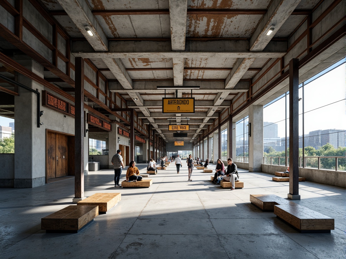 Prompt: Industrial bus station, exposed concrete structures, metallic beams, rusty steel columns, worn wooden benches, urban landscape, morning commute, natural light pouring through clerestory windows, transparent glass roofs, minimalist signage, efficient circulation paths, modern LED lighting, durable flooring materials, tactile rough textures, angular futuristic design, high-contrast color scheme, shallow depth of field, 1/2 composition, realistic rendering, ambient occlusion.