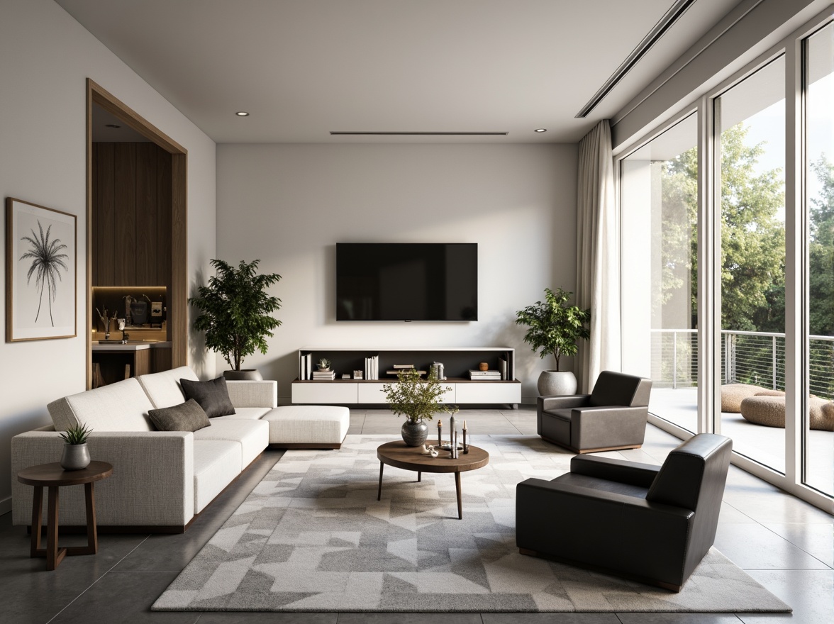 Prompt: Minimalist living room, neutral color palette, sleek lines, low-profile furniture, ample negative space, natural light, floor-to-ceiling windows, sliding glass doors, polished concrete floors, industrial-chic decor, geometric patterns, monochromatic textiles, hidden storage solutions, clutter-free surfaces, airy atmosphere, soft warm lighting, shallow depth of field, 1/1 composition, realistic textures, ambient occlusion.