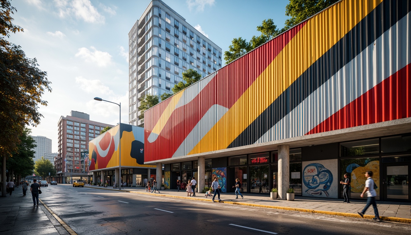 Prompt: Vibrant youth center, constructivist architecture, bold geometric shapes, dynamic diagonal lines, abstract murals, industrial metal cladding, exposed concrete walls, bright pops of color, urban cityscape, bustling streets, modern streetlights, afternoon sunlight, high-contrast shadows, dramatic chiaroscuro, cinematic composition, shallow depth of field, 1/1 aspect ratio, gritty textures, realistic ambient occlusion.