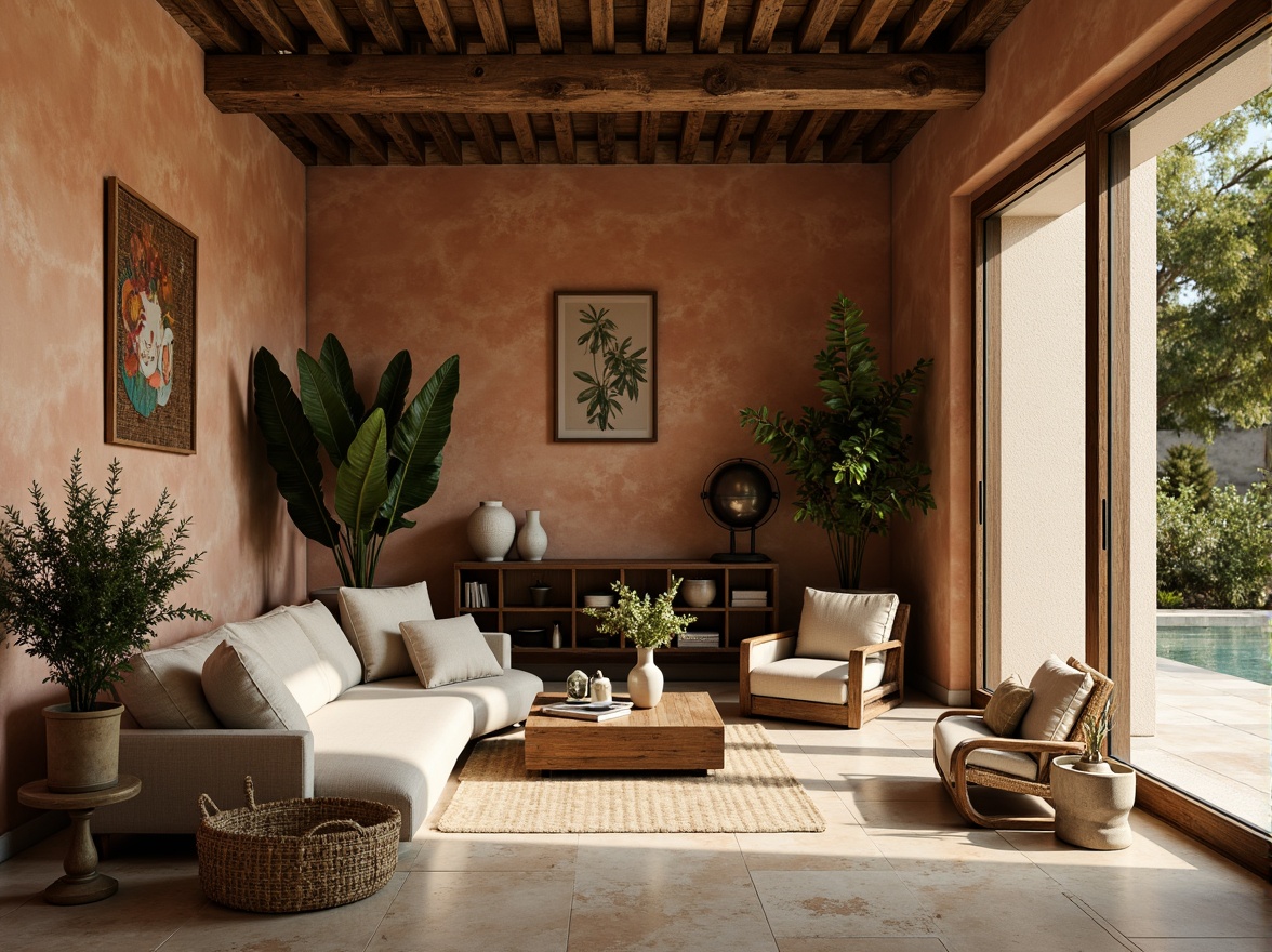 Prompt: Earthy olive tones, muted greenery, rustic terracotta walls, distressed wooden accents, vintage metal fixtures, soft warm lighting, creamy whites, beige stonework, natural fabrics, woven textiles, organic patterns, botanical illustrations, earthy ceramics, antique furniture, cozy nooks, intimate spaces, shallow depth of field, 1/1 composition, realistic textures, ambient occlusion.