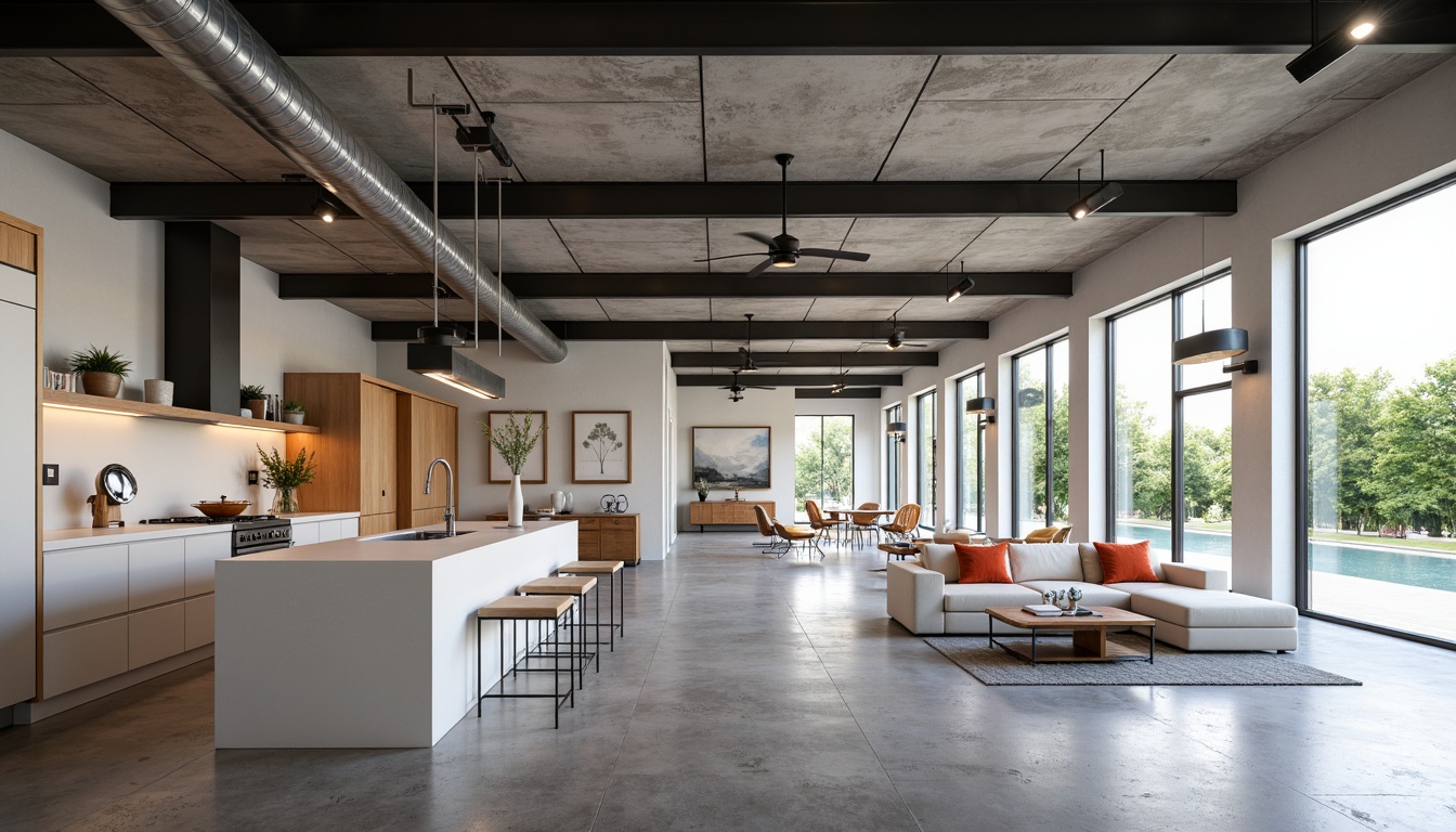 Prompt: Minimalist open floor plan, industrial materials, exposed ductwork, polished concrete floors, steel beams, large windows, sliding glass doors, functional simplicity, geometric shapes, primary color accents, bold typography, natural light, airy atmosphere, flexible living spaces, multi-functional zones, communal areas, integrated kitchen islands, modern appliances, sleek cabinetry, minimal ornamentation, emphasis on function, honest materials, rational design, 1/1 composition, high contrast lighting, realistic textures, ambient occlusion.