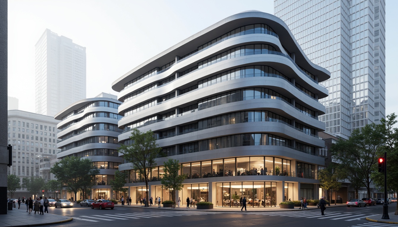 Prompt: Curved building facade, streamlined moderne architecture, metallic materials, silver accents, rounded edges, minimalist ornamentation, horizontal lines, urban cityscape, busy streets, morning fog, soft diffused lighting, shallow depth of field, 2/3 composition, symmetrical balance, realistic reflections, ambient occlusion.