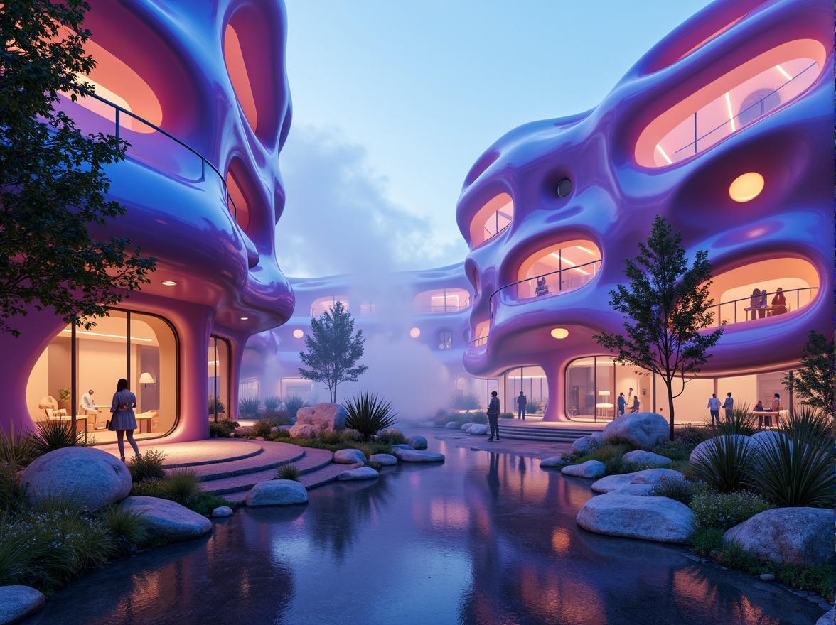 Prompt: Vibrant futuristic blob-shaped buildings, iridescent color schemes, neon hues, glowing accents, metallic finishes, luminescent materials, atmospheric mist, soft diffused lighting, dreamy ambiance, whimsical architecture, rounded shapes, flowing curves, organic forms, surreal landscapes, abstract compositions, 3/4 perspective, shallow depth of field, panoramic views.