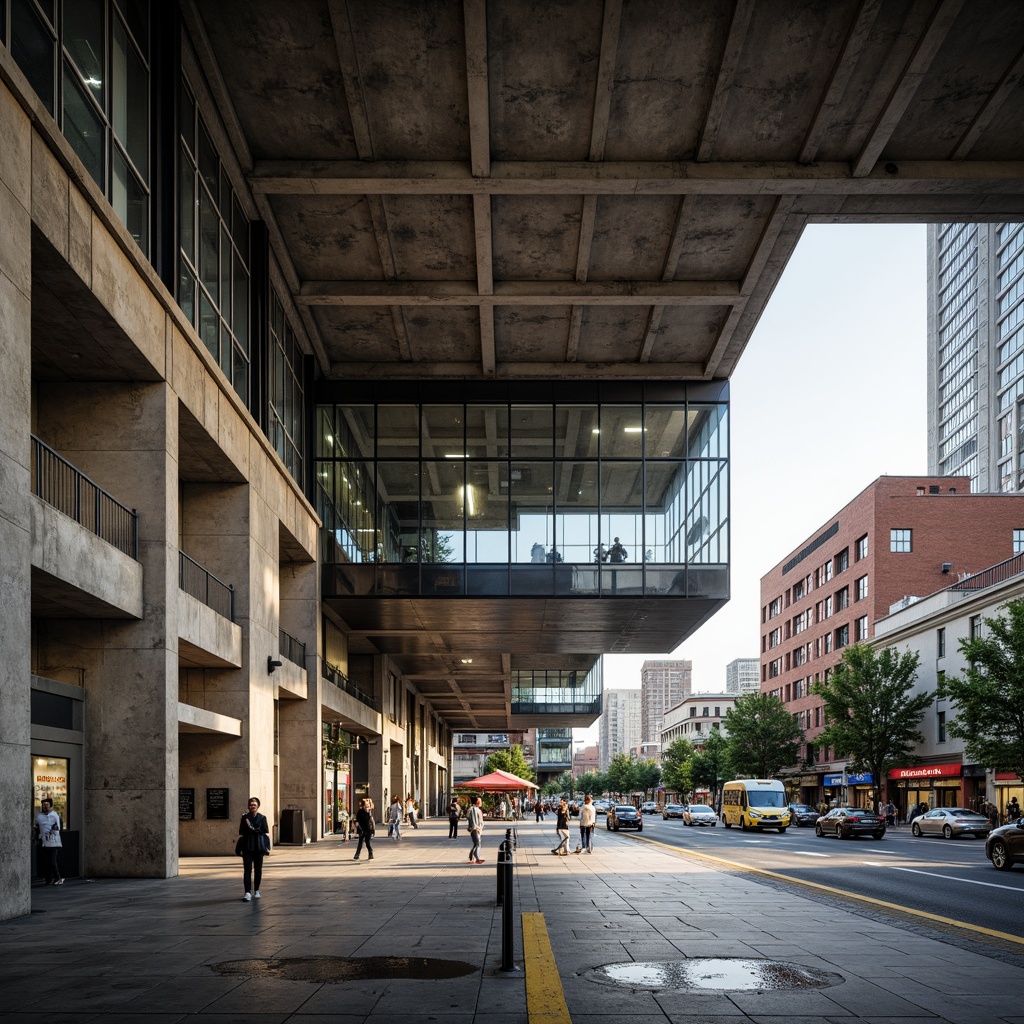 Prompt: Rustic bus station, industrial aesthetic, exposed concrete walls, metallic beams, brutalist architecture, urban landscape, busy streets, modern transportation hub, sleek glass fa\u00e7ades, angular lines, minimalist design, functional spaces, efficient layouts, natural ventilation systems, ample daylighting, warm ambient lighting, shallow depth of field, 2/3 composition, realistic textures, subtle color palette.