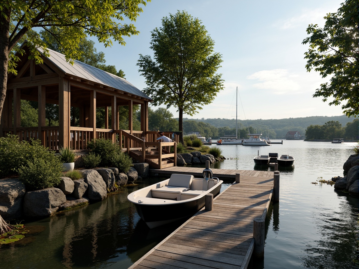 Prompt: Rustic boathouse, wooden docks, nautical ropes, weathered wood accents, corrugated metal roofs, natural stone foundations, aquatic plants, serene lake views, sunny afternoon, soft warm lighting, shallow depth of field, 3/4 composition, panoramic view, realistic textures, ambient occlusion.