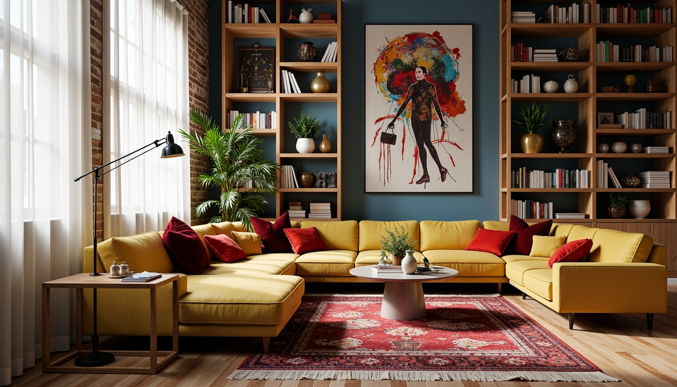 Prompt: Vibrant eclectic living room, bold color palette, mixed patterns, vintage furniture, modern accents, textured rugs, abstract artwork, unique decorative objects, natural light pouring in, sheer curtains, wooden floors, ornate mirrors, plush throw pillows, cozy reading nook, floor-to-ceiling bookshelves, statement lighting fixtures, eclectic decor styles, open shelving units, functional storage solutions, harmonious spatial flow, 1/2 composition, warm and inviting atmosphere.