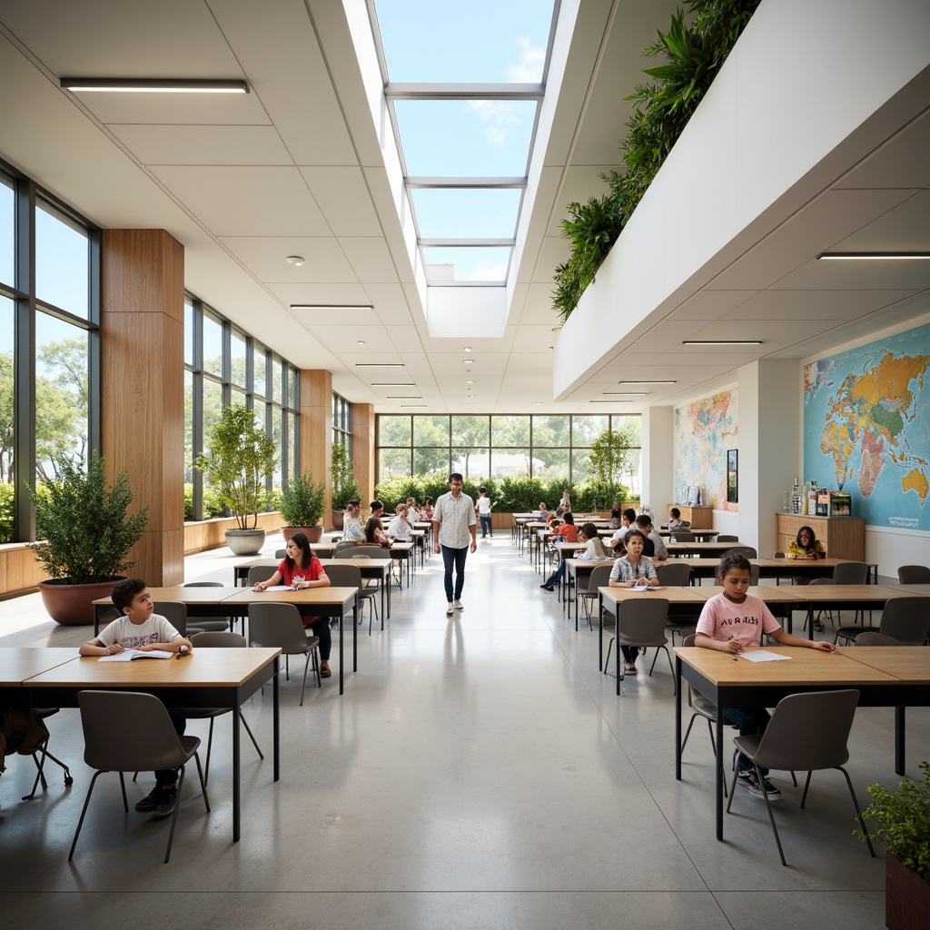 Prompt: Spacious classrooms, abundant natural light, floor-to-ceiling windows, clerestory windows, skylights, solar tubes, reflective surfaces, minimal shading devices, bright color schemes, open floor plans, collaborative learning spaces, educational murals, green walls, living roofs, eco-friendly materials, sustainable architecture, modern school design, airy atriums, subtle lighting contrasts, shallow depth of field, 1/1 composition, realistic textures.