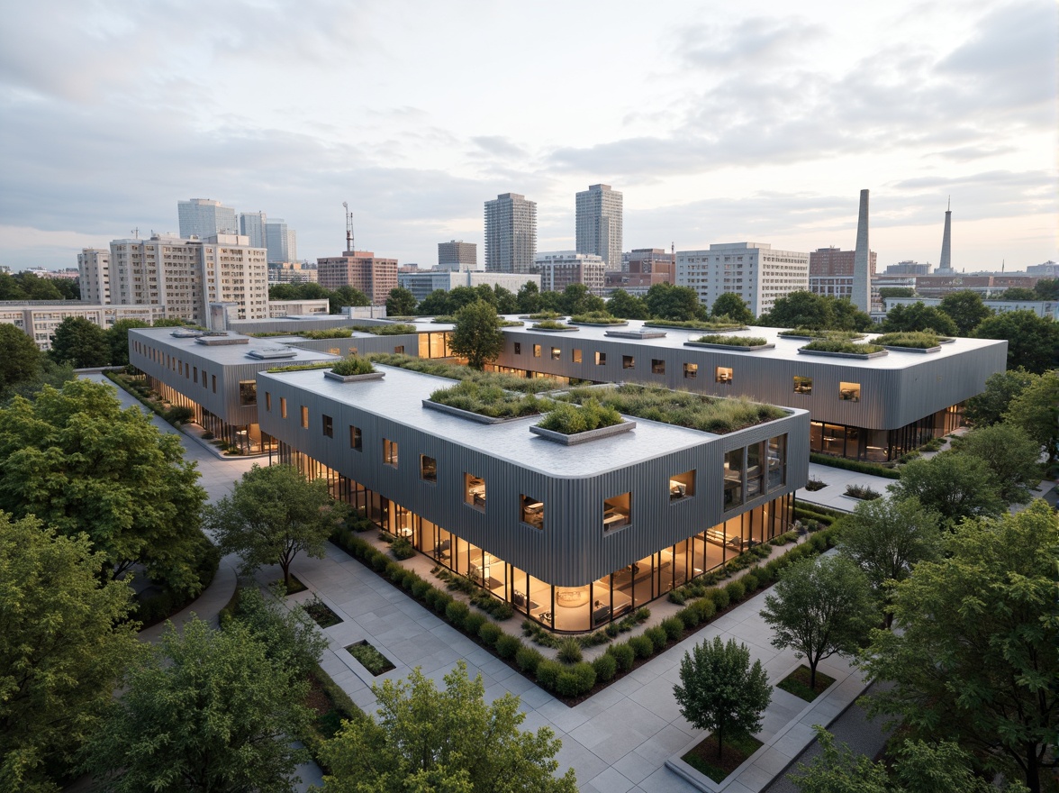 Prompt: Eco-friendly constructivist building, recycled metal fa\u00e7ade, green roofs, solar panels, wind turbines, vertical gardens, living walls, minimalist interior design, natural ventilation systems, energy-efficient lighting, reclaimed wood accents, industrial chic aesthetic, urban landscape, modern cityscape, overcast sky, soft diffused light, shallow depth of field, 1/1 composition, realistic textures, ambient occlusion.