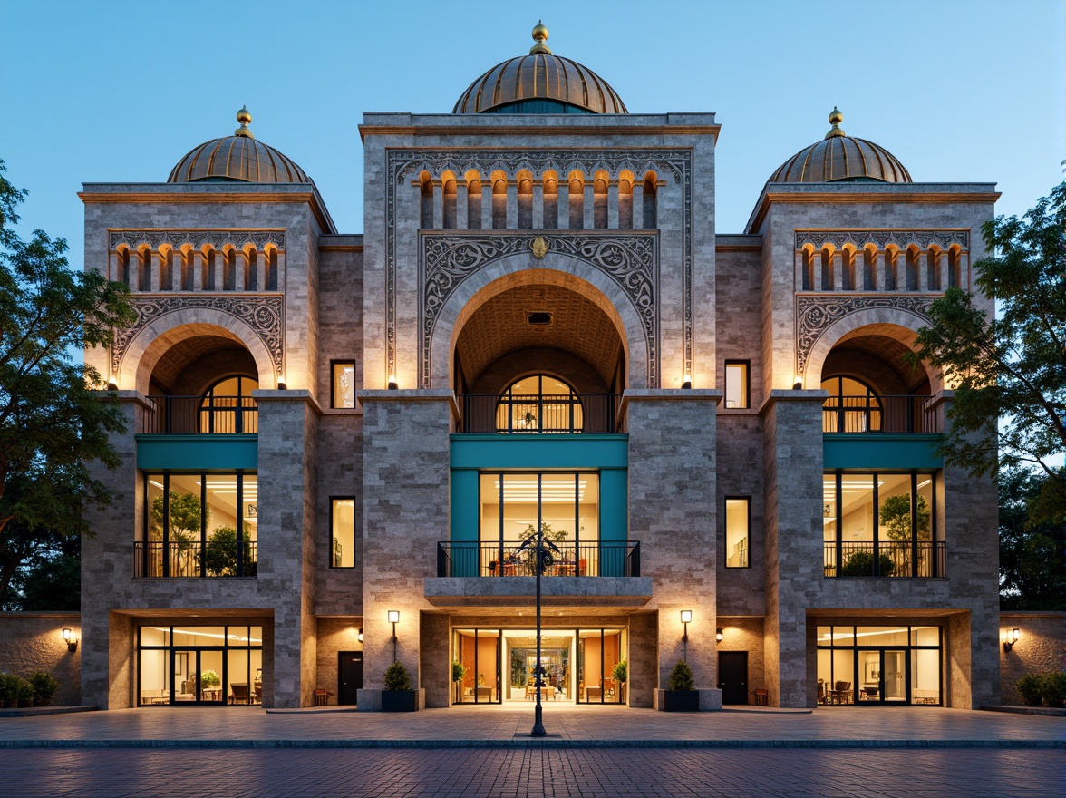 Prompt: Byzantine-inspired gymnasium facade, ornate stone carvings, intricate mosaics, golden domes, grand archways, ornamental columns, vibrant turquoise accents, majestic entrance gates, patterned brickwork, modern sports equipment, athletic tracks, stadium seating, floodlights, warm evening lighting, shallow depth of field, 1/2 composition, symmetrical architecture, realistic textures, ambient occlusion.