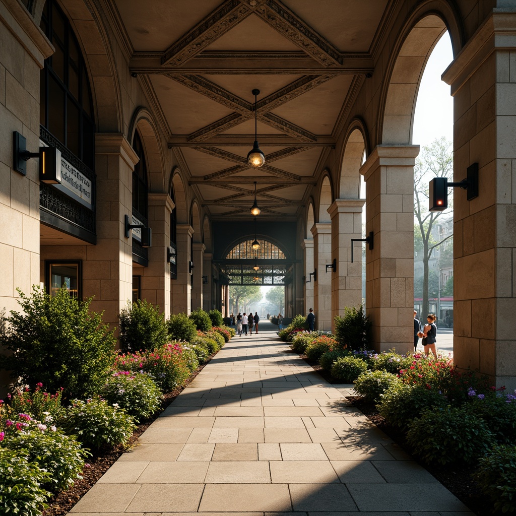 Prompt: Rustic metro station, Romanesque arches, grand stone columns, intricate carvings, ornate metalwork, lush greenery, vibrant flowers, natural stone flooring, warm LED lighting, shallow depth of field, 1/2 composition, realistic textures, ambient occlusion, urban cityscape, busy pedestrian traffic, morning sunlight, soft misty atmosphere.