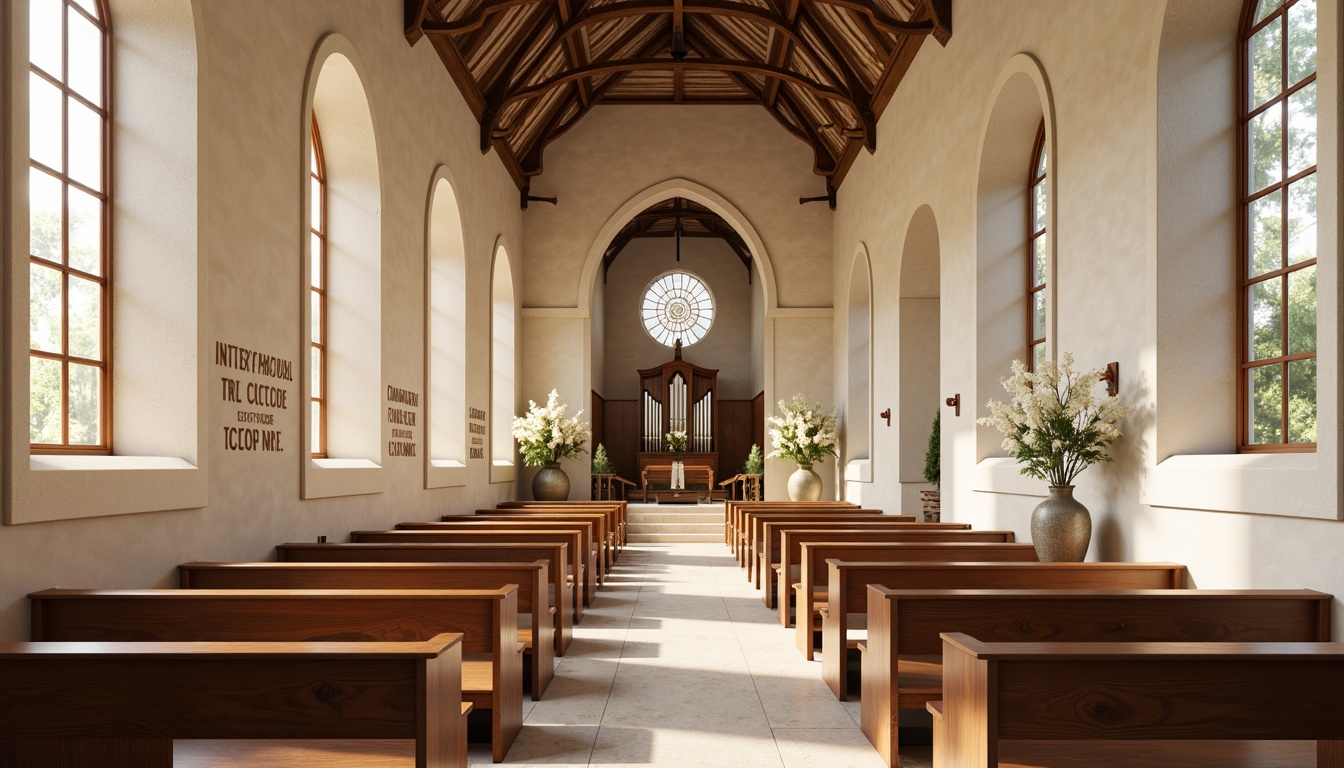 Prompt: Serene worship space, calming neutral tones, soft warm lighting, cream-colored stone walls, stained glass windows, rich wooden pews, elegant chandeliers, subtle earthy accents, natural textures, inspirational quotes, peaceful ambiance, vaulted ceilings, grand organs, spiritual symbols, sacred relics, devotional atmosphere, soft pastel hues, gentle candlelight, minimalist decor, traditional architecture, historic charm.