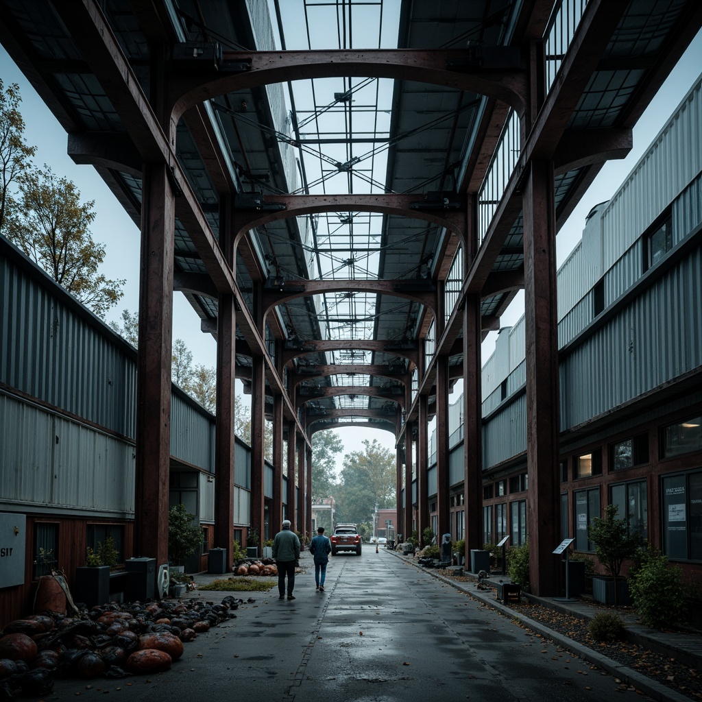 Prompt: Industrial warehouse, exposed steel beams, metallic latticework, reinforced columns, sturdy trusses, high-strength bolts, sleek metal cladding, corrugated roofs, urban landscape, overcast sky, dramatic lighting, low-angle shot, cinematic composition, realistic materials, detailed textures.