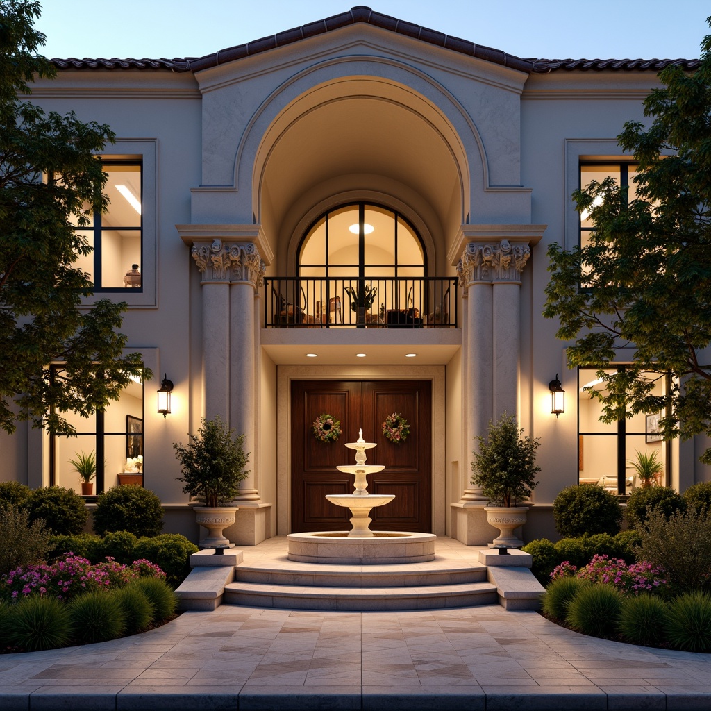 Prompt: Grandiose entrance, ornate fountains, intricately carved stone columns, decorative metal railings, vibrant flower arrangements, elegant lanterns, refined stucco exteriors, sophisticated rooflines, majestic archways, luxurious marble floors, exquisite wooden accents, subtle LED lighting, warm golden illumination, 1/1 composition, dramatic shadows, realistic reflections, ambient occlusion.