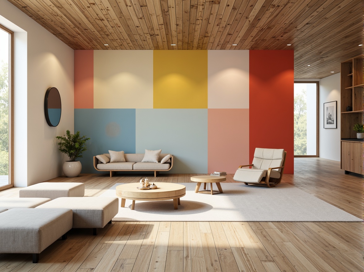 Prompt: Vibrant modern interior, bold accent walls, soft pastel hues, natural wood tones, creamy whites, rich charcoal grays, luxurious gold accents, warm ambient lighting, shallow depth of field, 1/1 composition, realistic textures, ambient occlusion.