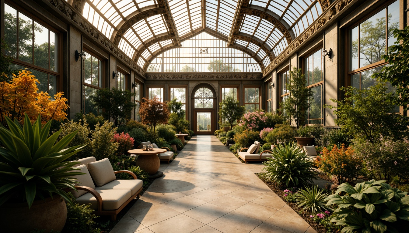 Prompt: Art Deco greenhouse, ornate metal framework, geometric patterns, vibrant greenery, exotic flowers, tropical plants, elegant curves, luxurious materials, polished marble floors, intricate ironwork, stained glass windows, ornamental doors, symmetrical composition, warm golden lighting, soft focus, shallow depth of field, 1/1 aspect ratio, realistic textures, ambient occlusion.