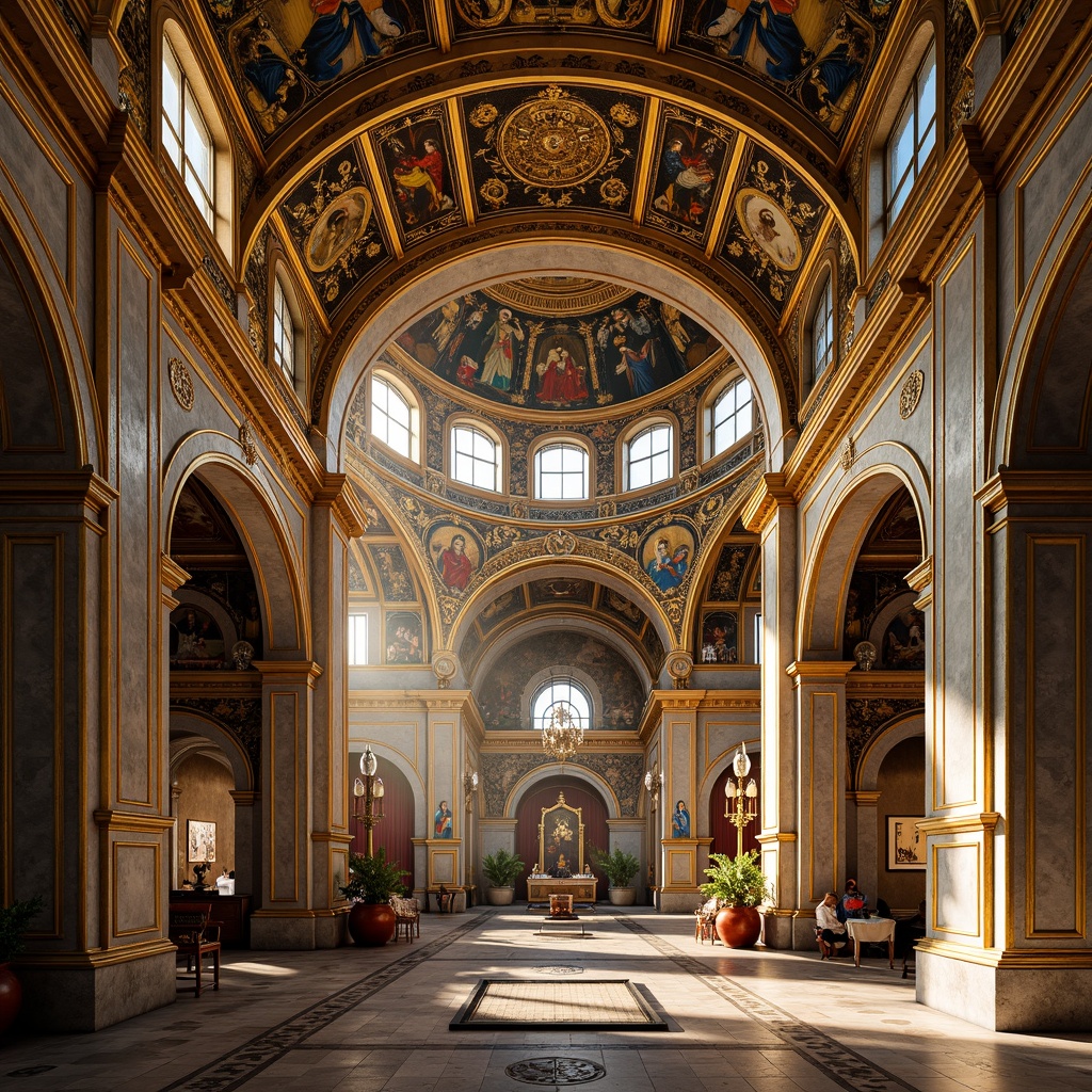 Prompt: Intricate mosaics, gold accents, ornate patterns, Byzantine-inspired architecture, grand domes, arches, columns, marble floors, vibrant colors, sacred symbols, Christian iconography, rich textures, luxurious materials, opulent details, warm golden lighting, shallow depth of field, 1/2 composition, realistic renderings, ambient occlusion.