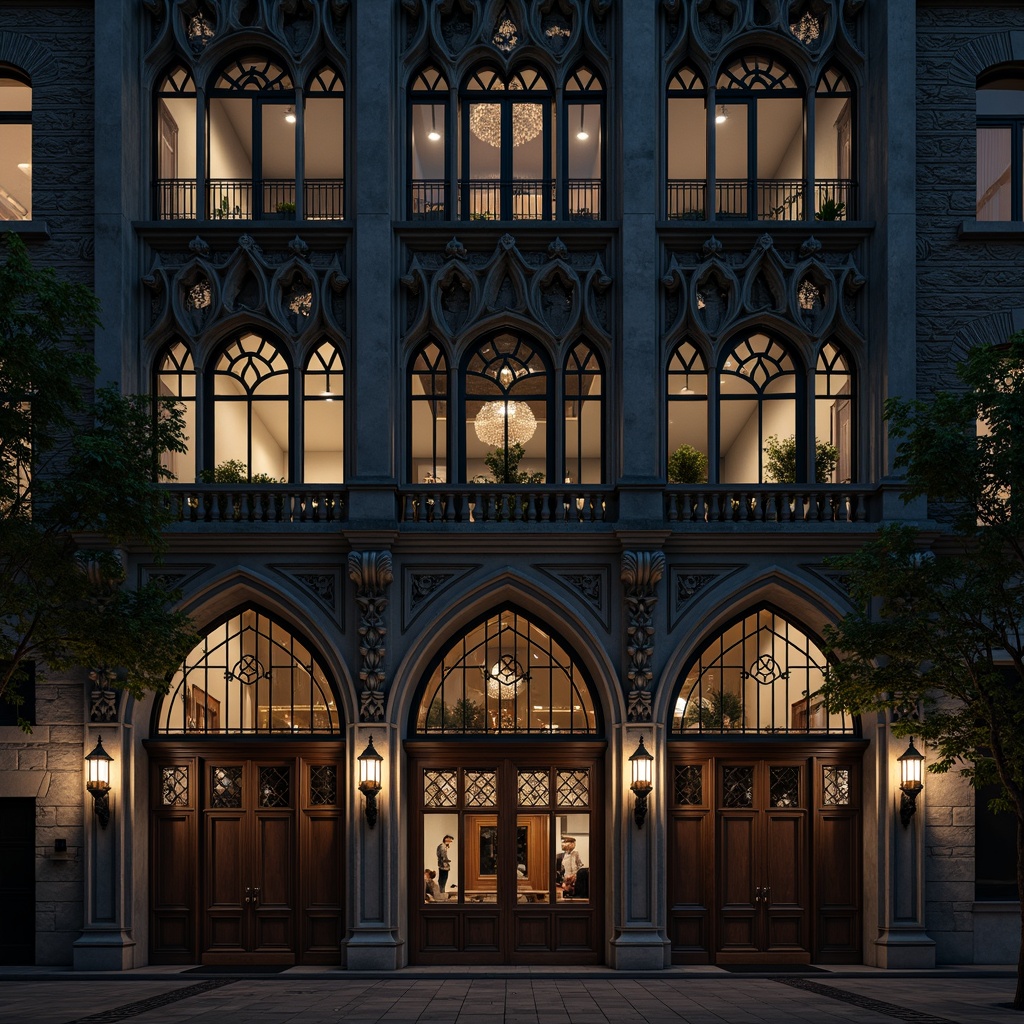 Prompt: Ornate office building facade, Gothic arches, ribbed vaults, pointed windows, flying buttresses, intricate stone carvings, mysterious gargoyles, grand entranceways, heavy wooden doors, ornamental ironwork, dark stone walls, eerie nighttime ambiance, dramatic spotlighting, shallow depth of field, 1/1 composition, symmetrical framing, high-contrast lighting, detailed texture mapping.