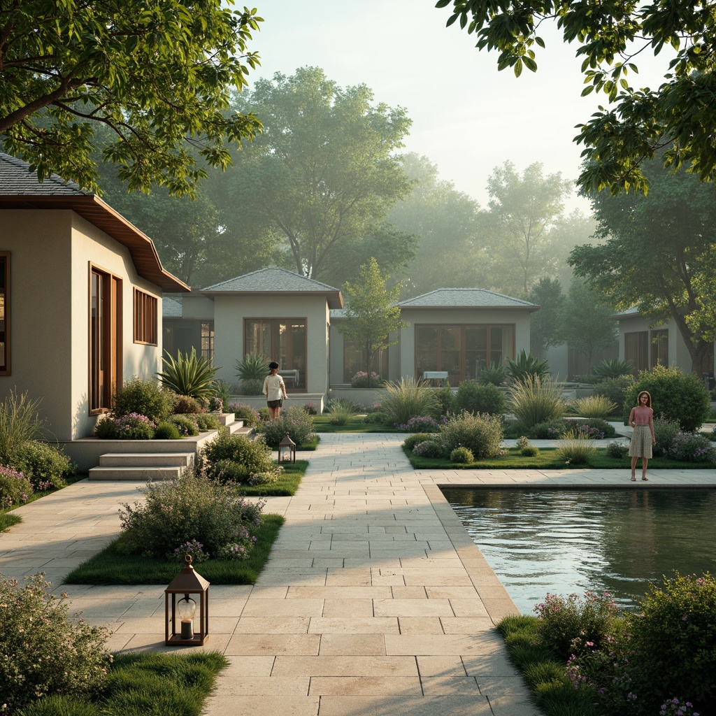 Prompt: Soft celadon hues, calming atmosphere, serene natural scenery, lush greenery, gentle water features, peaceful pond, misty morning light, warm beige stone pathways, rustic wooden accents, vintage metal lanterns, delicate florals, intricate ceramic tiles, creamy whites, soft grays, blush pinks, whispering wind chimes, shallow depth of field, 1/1 composition, intimate view, realistic textures, ambient occlusion.