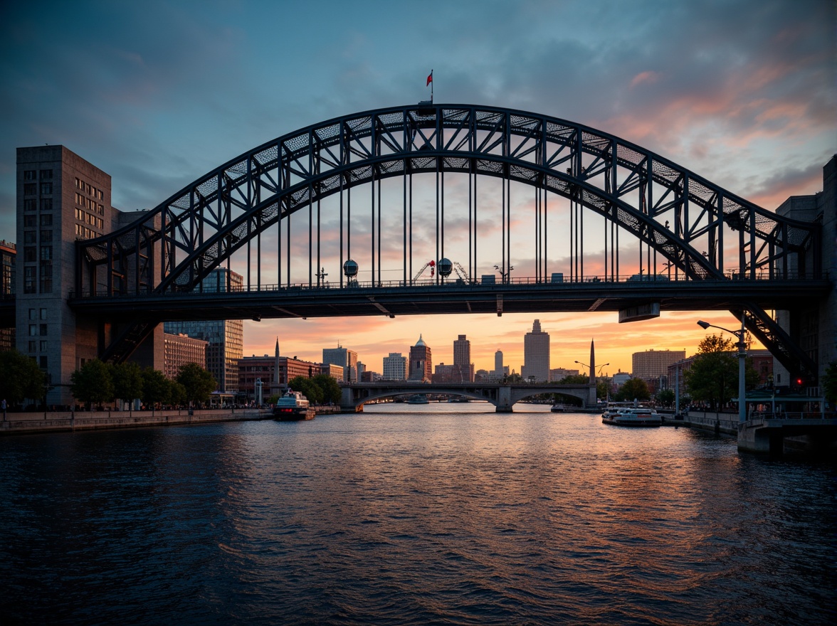 Prompt: Vibrant cityscape, majestic bridge structure, steel arches, suspended cables, urban waterway, reflective river surface, sunset warm lighting, deep blue shadows, industrial metallic colors, weathered concrete textures, intricate latticework patterns, dramatic architectural silhouettes, atmospheric misty effects, soft focus blur, shallow depth of field, 2/3 composition, cinematic framing.