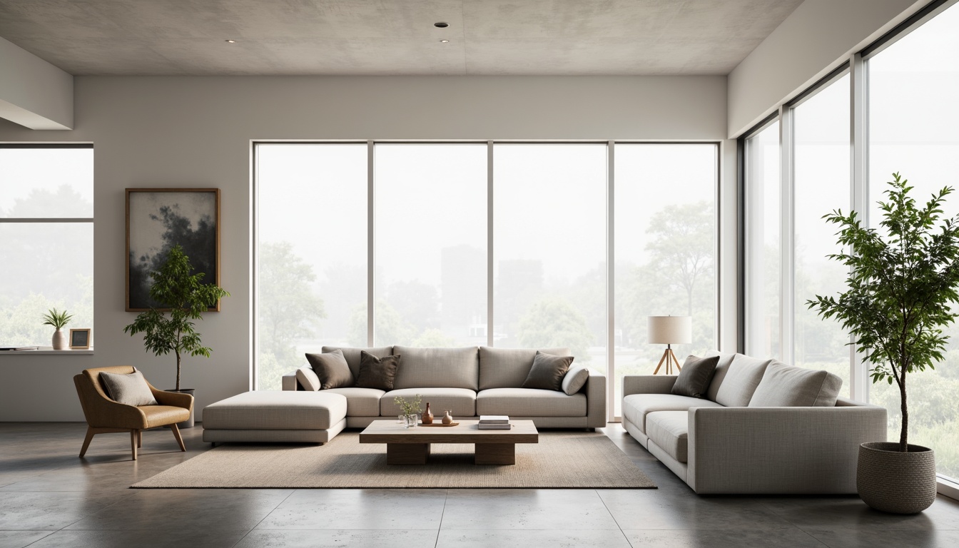 Prompt: Minimalist living room, sparse furniture, sleek lines, monochromatic color scheme, polished concrete floors, floor-to-ceiling windows, natural light, airy atmosphere, decluttered spaces, functional decor, geometric shapes, low-profile sofas, minimalist coffee tables, industrial-chic lighting fixtures, greenery accents, subtle textures, soft warm glow, shallow depth of field, 1/1 composition, realistic rendering.