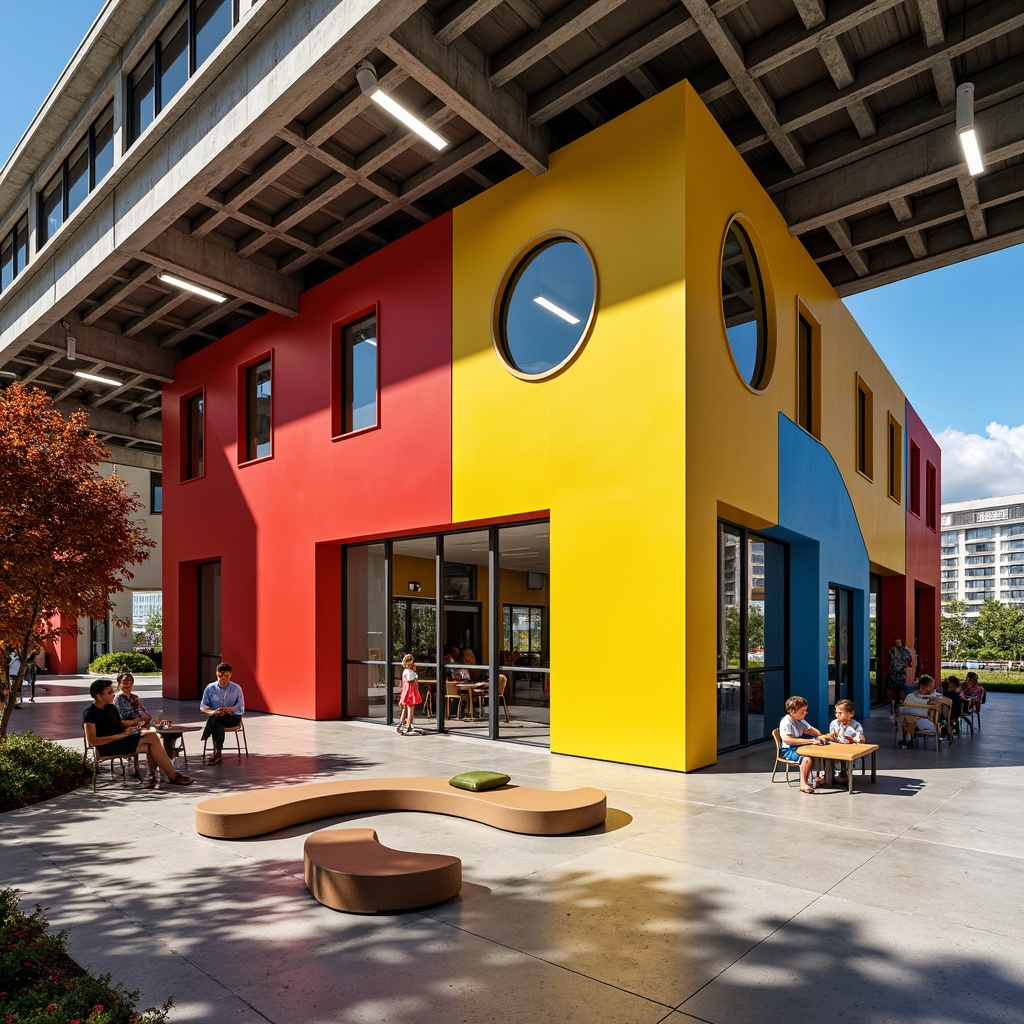 Prompt: Vibrant youth center, bold geometric shapes, bright primary colors, stark contrasts, dynamic angular lines, industrial metal structures, exposed brick walls, polished concrete floors, minimalist furniture, functional lighting, modern urban landscape, cityscape views, sunny day, high-contrast shadows, 1/1 composition, dramatic spotlighting, realistic textures, ambient occlusion.