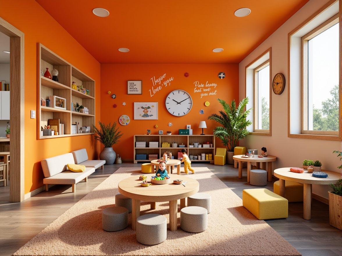 Prompt: Vibrant kindergarten interior, orange accent walls, wooden furniture, playful educational toys, alphabet blocks, building blocks, art supplies, circular tables, tiny chairs, soft cushions, cozy reading nooks, warm lighting, energetic atmosphere, stimulating color scheme, creative learning environment, joyful ambiance, round clock, inspirational quotes, whimsical wall decals, textured carpets, natural wood floors.