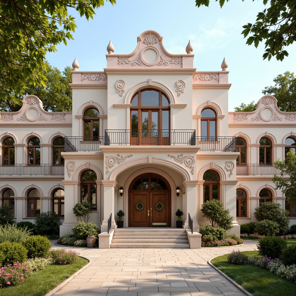 Prompt: Whimsical elementary school building, vintage romanticism style, pastel color palette, ornate facades, intricate stonework, floral patterns, delicate iron railings, grand entrance arches, curved lines, soft warm lighting, natural stone walls, rustic wooden doors, blooming flower boxes, lush greenery, sunny day, shallow depth of field, 3/4 composition, panoramic view, realistic textures, ambient occlusion.