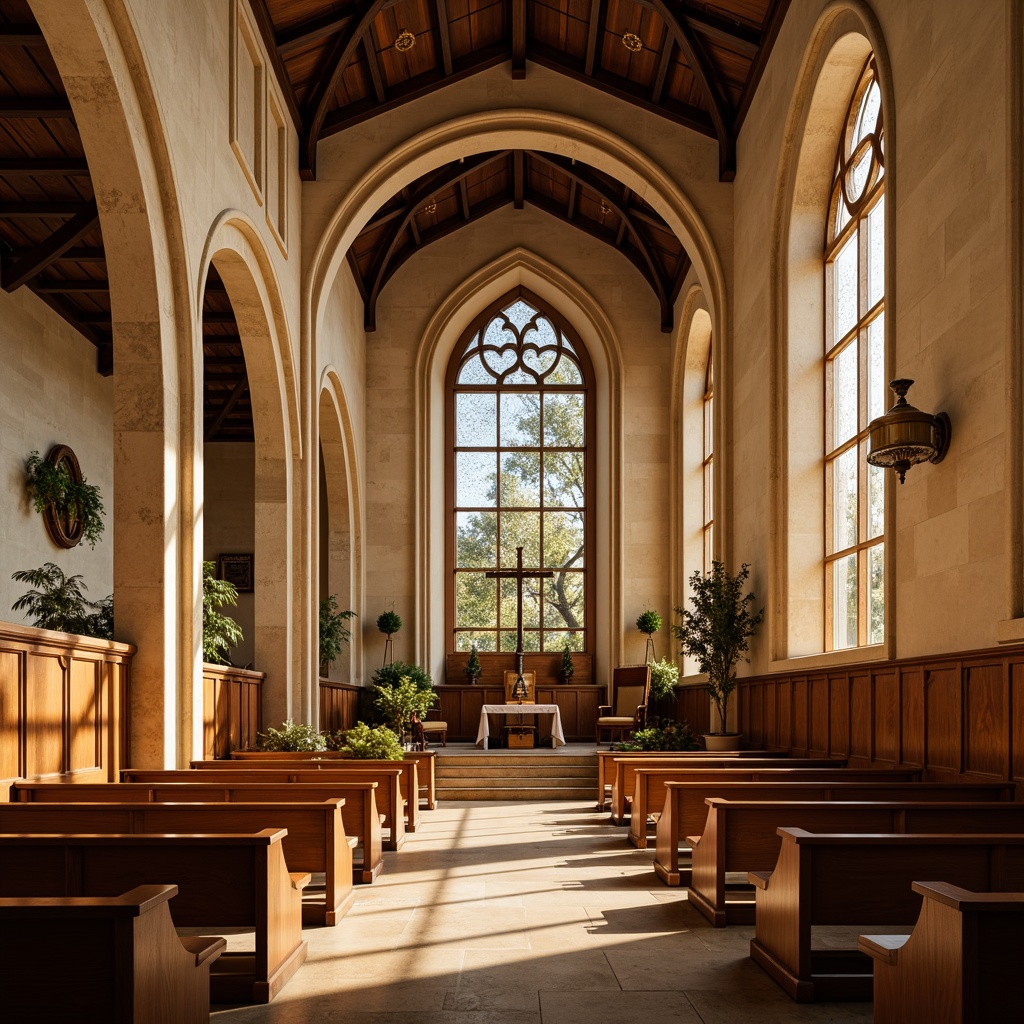 Prompt: Serene church interior, warm beige walls, rich wood tones, stained glass windows, ornate stone carvings, vaulted ceilings, soft golden lighting, peaceful ambiance, subtle color transitions, earthy brown floors, elegant furnishings, intricate patterns, spiritual symbols, calming atmosphere, natural textures, warm neutral colors, subtle contrast, 1/1 composition, soft focus, realistic rendering.