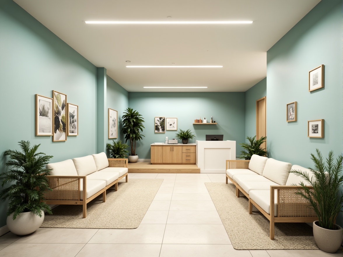 Prompt: Soothing clinic interior, calming color scheme, pale blue walls, creamy white furniture, natural wood accents, gentle greenery, comfortable waiting areas, soft cushioned chairs, warm beige flooring, subtle lighting fixtures, minimalist decor, serene ambiance, peaceful atmosphere, calming artwork, soft instrumental music, airy open spaces, rounded corners, organic shapes, non-institutional feel, welcoming reception desks, friendly staff uniforms, relaxing nature-inspired patterns, muted earthy tones, gentle contrasts, 3/4 composition, shallow depth of field, realistic textures, ambient occlusion.