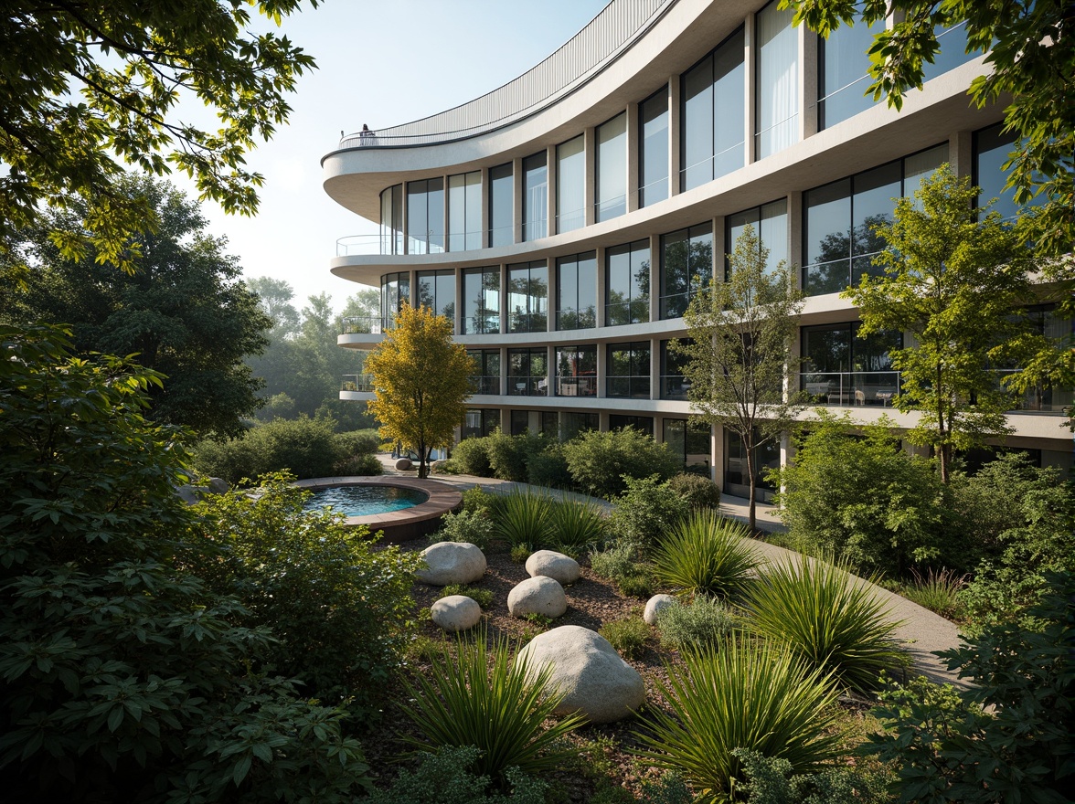 Prompt: Curved glass facade, lush greenery, tropical plants, natural ventilation systems, energy-efficient solar panels, minimalist metal frames, modern angular lines, sustainable building materials, living walls, vertical gardens, misting irrigation systems, automated climate control, soft warm lighting, shallow depth of field, 3/4 composition, panoramic view, realistic textures, ambient occlusion.