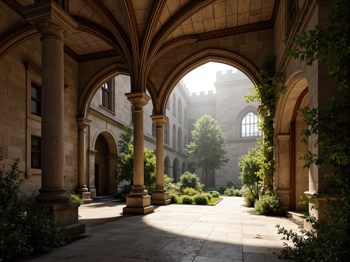 Prompt: Rustic archways, ornate carvings, grand stone entrances, intricate vaulted ceilings, imposing pillars, weathered limestone fa\u00e7ades, lush green ivy, misty morning light, soft warm tones, shallow depth of field, 3/4 composition, symmetrical framing, realistic textures, ambient occlusion, medieval-inspired details, ornamental capitals, Gothic-arched windows, majestic bell towers, serene courtyard gardens.Let me know if you need any adjustments!