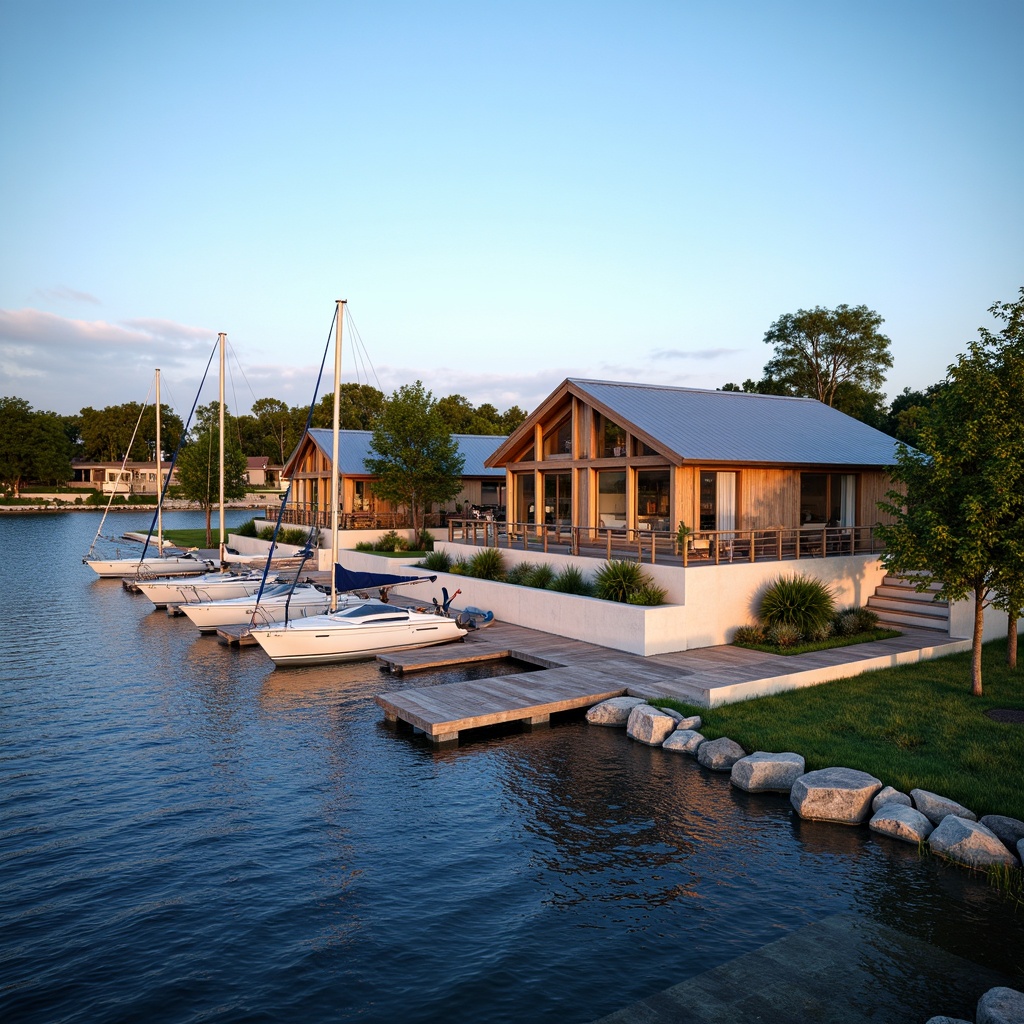 Prompt: Waterfront location, wooden dock, sailboats, luxury boathouse design, modern architecture, large windows, sliding glass doors, natural stone foundations, rustic wood accents, nautical theme, blue and white color scheme, soft warm lighting, shallow depth of field, 3/4 composition, panoramic view, realistic textures, ambient occlusion, serene lake views, surrounding trees, lush greenery, rippling water effects.