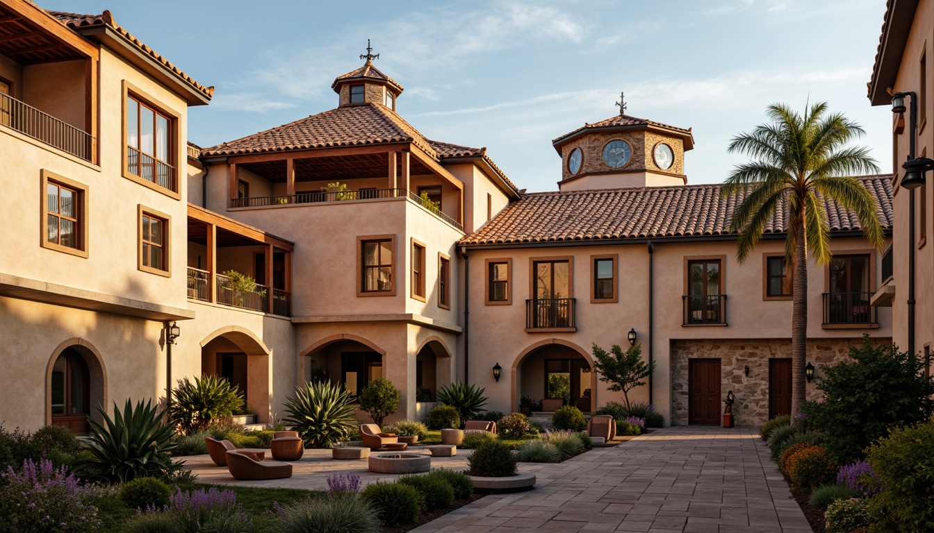 Prompt: Renaissance-inspired community buildings, curved terracotta rooftops, ornate metalwork decorations, earthy tone exterior walls, rustic stone facades, vibrant Mediterranean-style tiles, grand clock towers, ornamental domes, intricate stucco patterns, warm golden lighting, shallow depth of field, 1/2 composition, soft focus on details, realistic textures, ambient occlusion.